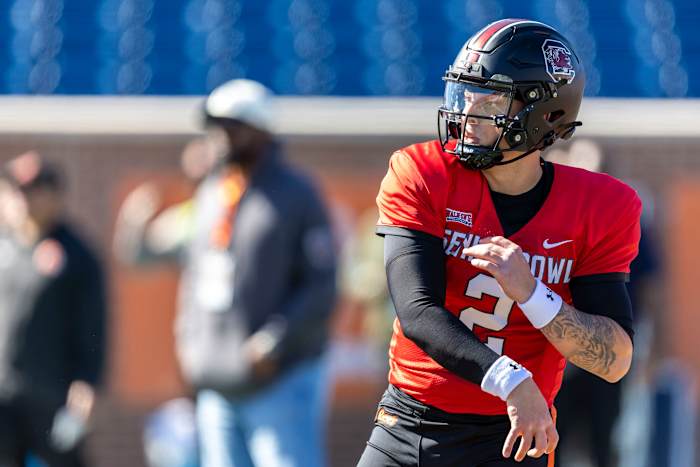 Jan 31, 2024; Mobile, AL, USA; American quarterback Spencer Rattler of South Carolina (2) throws the ball during practice for the American team at Hancock Whitney Stadium.